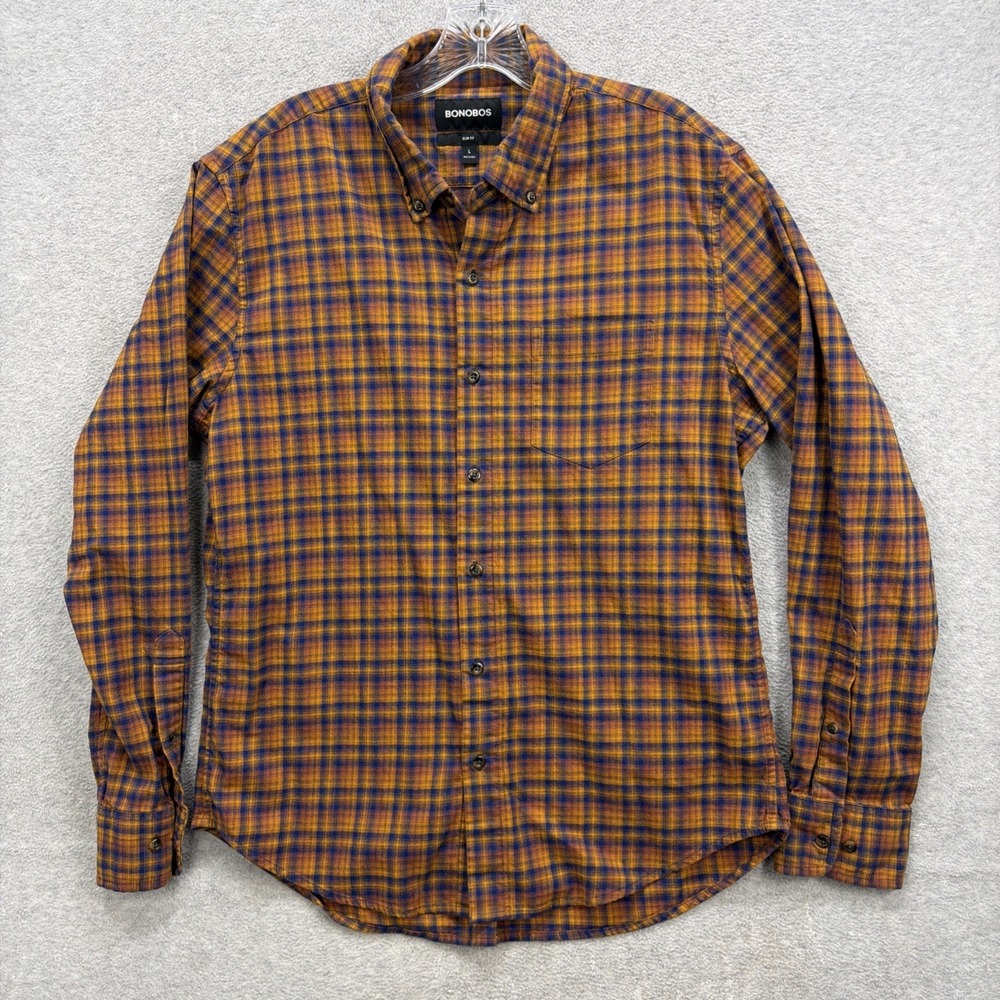 Bonobos Shirt Mens Large Blue Brown Plaid Soft Flannel Slim Fit Oxford Cabincore